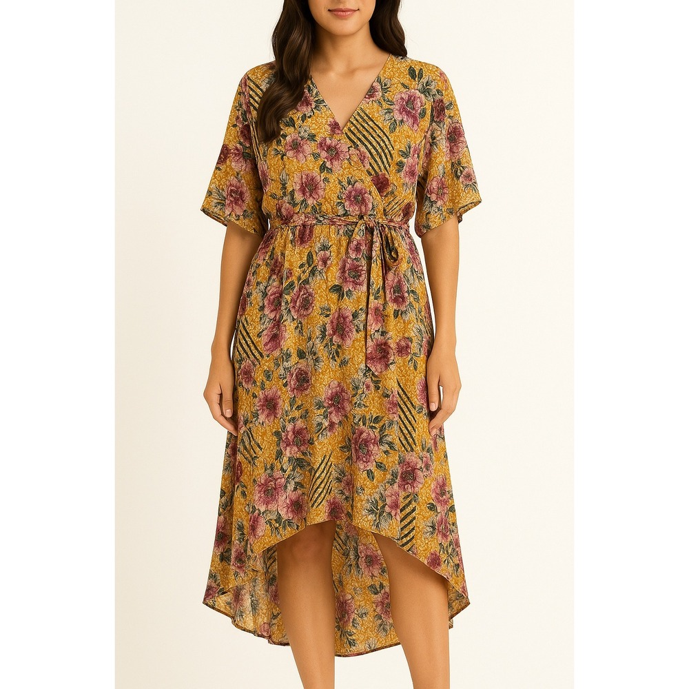 Umgee Women's Yellow Floral Print Wrap Midi Dress Size‎ M Boho Vacation